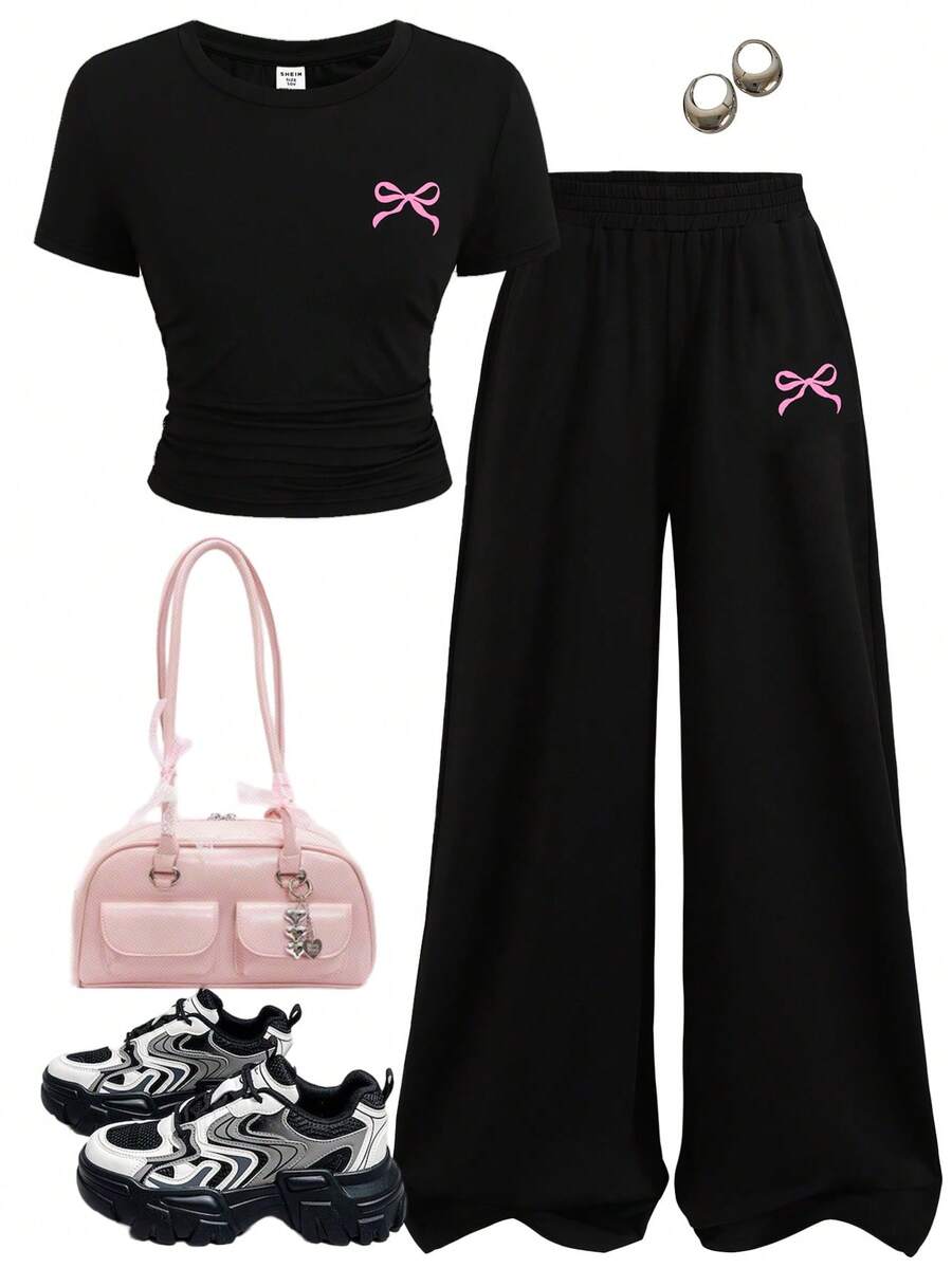 Girlism Tween Girls 2pcs/Set Black Knit Round Neck Short Sleeve Ruched Waist Bow Print Cropped Tight T-Shirt And Loose Wide Leg Pants/Sweatpants Casual Outfit - Black - View 1