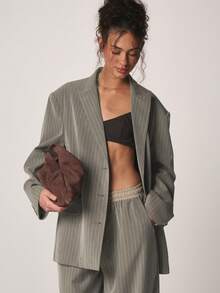 MISSGUIDED Oversized Pinstripe Blazer With Classic Lapels And Button Closure For Office Business Professional Work Formal Occasions Fall Winter Autumn - Grey - View 5