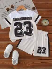 1 Set Toddler Sports Style Black & White Numeric Print Short Sleeve Shorts Set, Non-Fleece. Ideal For Daily Sports, Spring/Summer - Multicolor - View 3