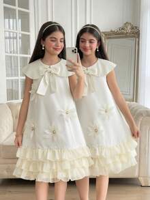 SHEIN Tween Girl Elegant Peter Pan Collar 3D Floral Decor Sleeveless Ruffle Hem Dress Tween Girl - Apricot - View 4