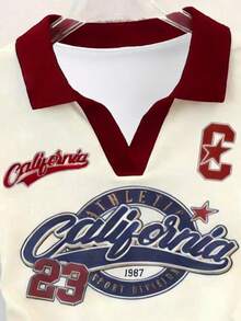 1pc Tween Girl Casual American Style Letter & Number Print Polo Collar Short Sleeve Top, Ruched Waist Fitted Design, Suitable For Street & Campus Wear, American Casual Retro, Spring/Summer