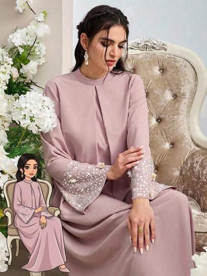 Al Najma Abito lungo maxi donna con colletto alla coreana, maniche a raglan a campana, stile ampio, di stile tradizionale turco e arabo