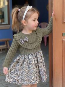 SHEIN Đầm dệt kim họa tiết hoa xếp nếp cổ tròn cho bé gái sơ sinh/trẻ nhỏ, màu hồng củ sen. - màu xanh lá - Xem 7