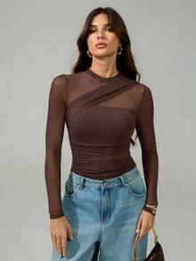 SHEIN Tall Brown Bodysuit For Women Sheer Mesh Long Sleeve Ruched Mock Neck Top, Suitable For Cocktail Party, Romantic Date, Winter Base Layer - Brown - View 2