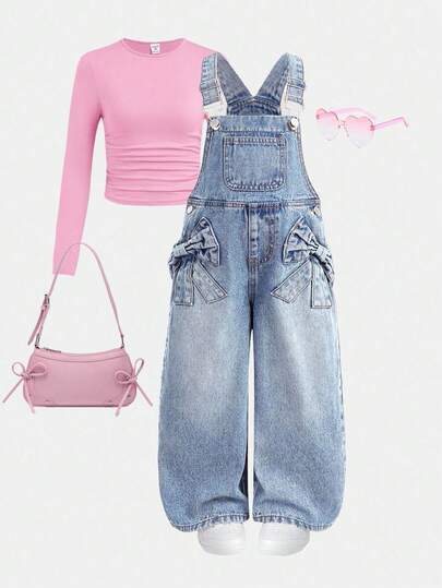 SHEIN Young Girl' Blue Denim Loose Fit Bib Overall Pants With 3D Bow Decor