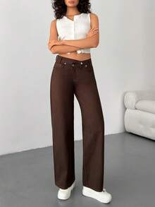 EURMUSE Mid Waist Asymmetric Belt Wideleg Jean Cowboy Pants For Women Brown Pants Western Pants Pants Wide Leg - Brown - View 5