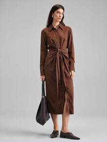 Ontre 2026SS New Spring/Summer Women Striped Waist-Cinched Mid-Length Dress, Business Casual Commuter Wear - Dark Brown - View 5