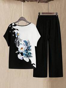 EMERY ROSE 2pcs/Set Women Floral Print Short Sleeve Top And Wide Leg Pants, Casual Daily Outfit - Black - View 2
