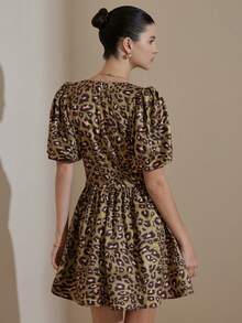 Chiquease Green Base Leopard Print Square Neck Petal Sleeve Peplum Mini Skirt, Sweet & Cute Girly Meets Wild Leopard Print, Suitable For Party & Date, Random Print - Multicolor - View 3