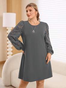 Rosumi 大码女式休闲纯色蕾丝长袖迷你连衣裙 - 灰色 - 查看 4