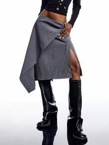 LYSMO 女式条纹印花不对称下摆开叉半身裙 - 深灰色 - 查看 5