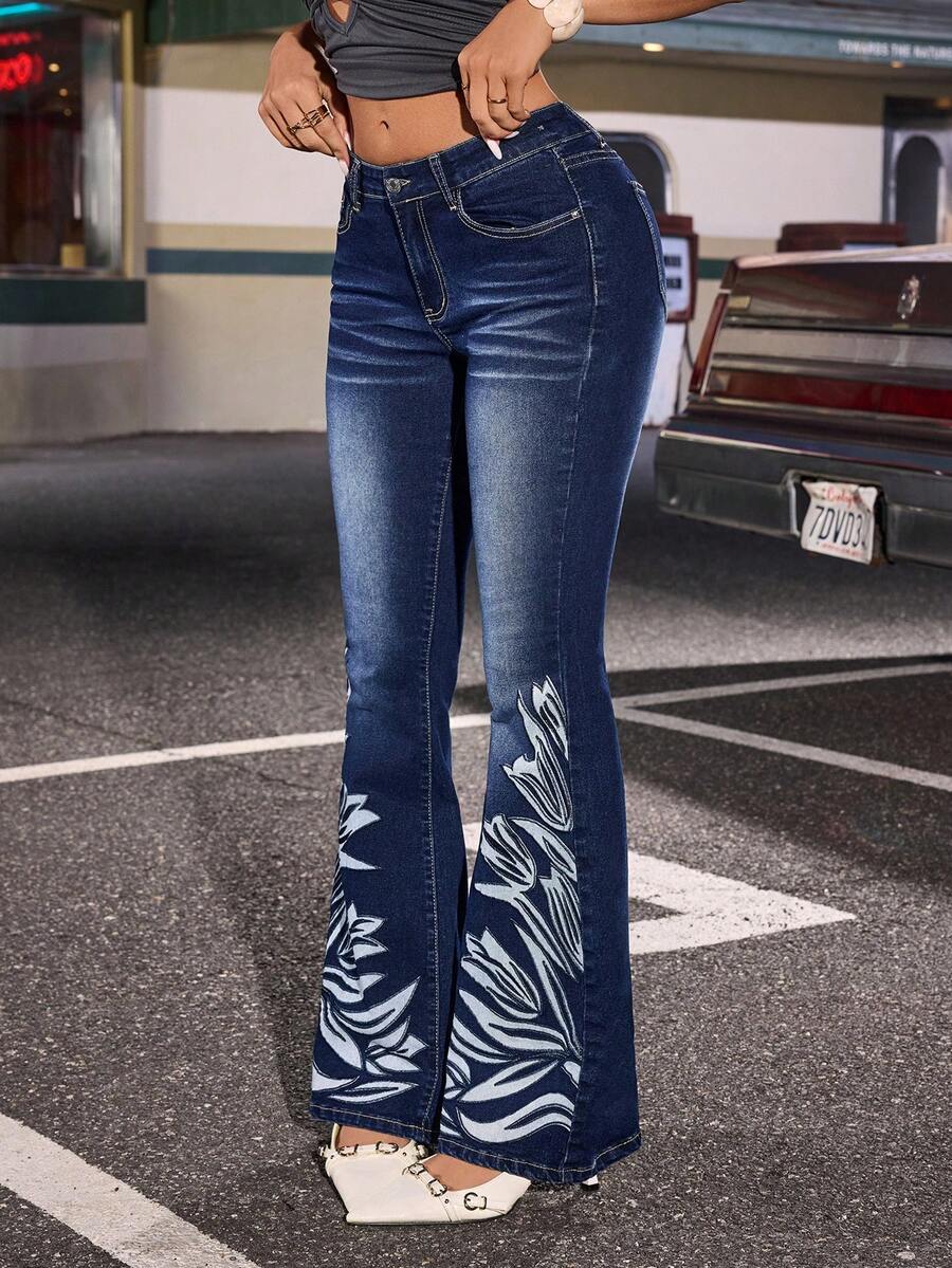 Jeanoix Y2K Fashion Low Waist Embroidered Washed Flare Jeans - Dark Wash - View 1