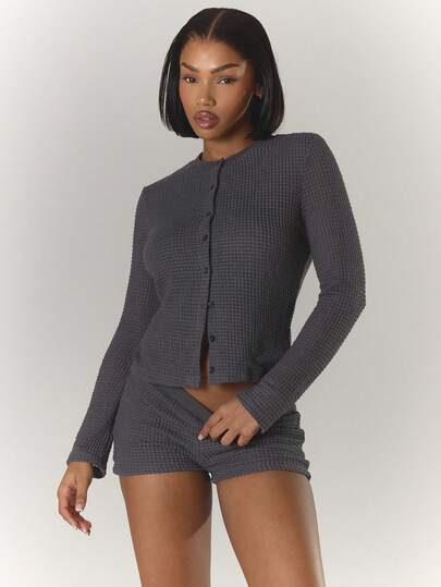 2pcs Women Solid Color Crew Neck Long Sleeve Button-Up Top And Shorts Set