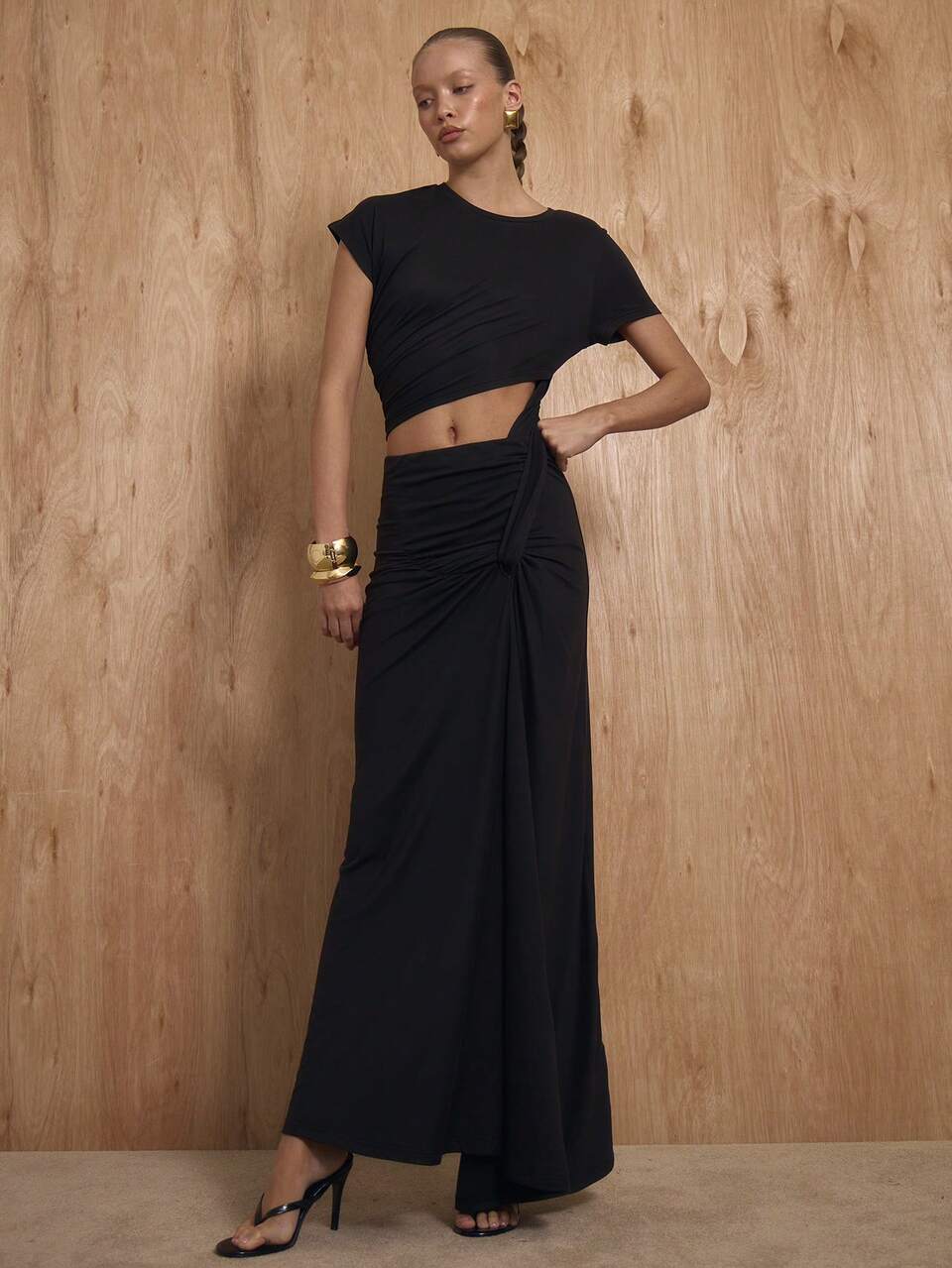 Black Elegant Summer Maxi Dress For Night Out,Draped Crewneck Cut Out Ruched Waist Long Dress,Evening Party Wedding Guest Graduation Gown
