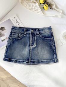 Elamini 时尚休闲星形印花低腰牛仔迷你裙 - 中等水洗藍 - 查看 3