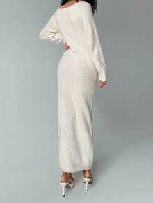 Aloruh Noua casă pentru femei Ocazional Zilnic Guler cu umeri înclinați Linie de cuvinte Călduță, subțire, cu mâneci lungi, tricotate de pluș, rochii albe de pulover, toamnă/iarnă - alb - Vizualizare 2