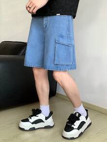 SHEIN 青少年男孩时尚休闲复古酷炫街头宽松舒适简约口袋设计牛仔短裤，适合日常穿着以及春夏锐舞节和街头服饰。 - 藍色 - 查看 5