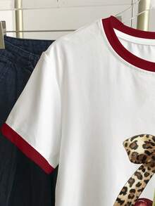 Resyla 女士撞色豹纹樱桃印花圆领休闲日常T恤 - 白色 - 查看 4