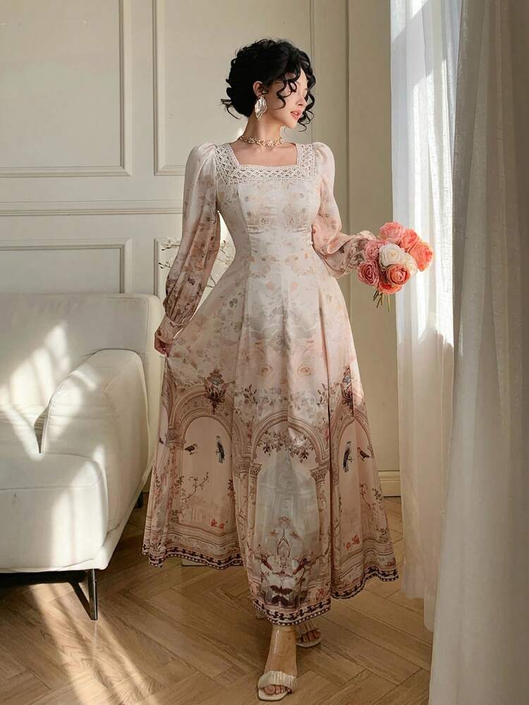 Spring & Summer Geometric Floral Retro Print Pink Casual Vacation Beach Waist Cinched Elegant Commute Hollow Lace Splice Square Neck Women Mid-Length Dress Sundress