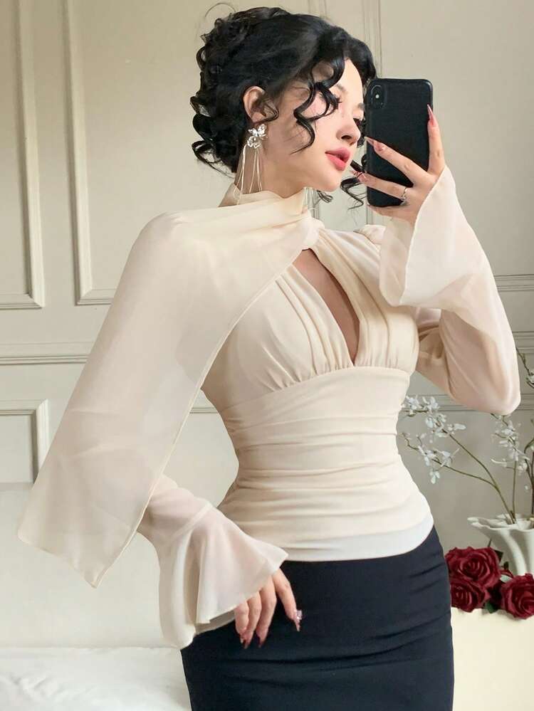 Spring/Summer 2 In 1 Shawl Collar Hollow Out Tie-Up Bowknot Flare Sleeve Ruffle Hem, Elegant For Valentine's Day, Wedding, Party, Formal Occasion, Fashion, Slim Fit, Long Sleeve Blouse