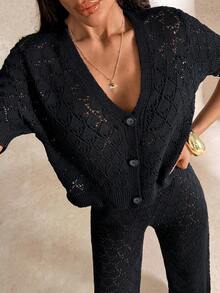 EURMUSE Black Crochet Button Front Crop Cardigan & Knit Hollow Out Pant Beachwear Cover Up Set - Black - View 2