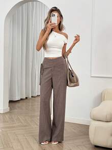 Easowa 女士褶裥腰带蝴蝶结阔腿直筒裤，特殊纹理面料，休闲轻松优雅的办公穿着，春夏款 - 咖啡棕 - 查看 3