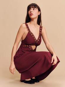 lacRébo Burgundy Fitted Midi Dress With Lace Trim V Neckline Front Cut Out Detail Sleeveless Design And Elegant Silhouette Romantic Evening Dress French Style Parisian Style Vacation Outfit Valentines Day - Purple - View 7