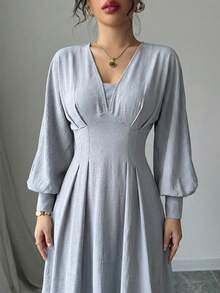 Modelyn Women's Fashionable Solid Color Waist Cinching Long Sleeve Short Dress - Blue - View 5