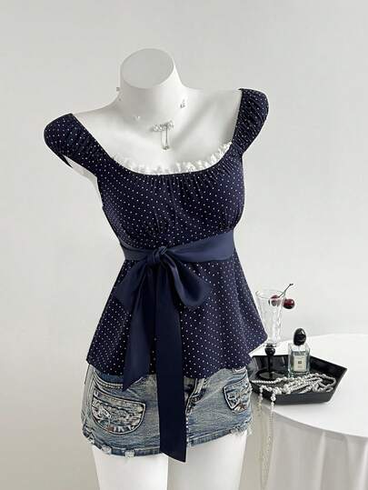 Elamini Women's Navy Blue Polka Dot Square Collar Lace Trim Waist Bow Tie Short Sleeve Blouse, Suitable For Beach Vacation, Picnic, Versatile