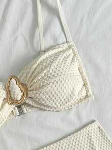 SHEIN Teen Girls Gold Clasp Jacquard Tankinis - Apricot - View 7