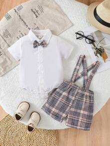 2pcs Baby Boys Short Sleeve Shirt Jumpsuit With Bowtie & Plaid Suspenders Shorts, Gentleman Outfit Suitable For Festivals And Outdoor Activities, Summer Toddler Suit Bow Tie Baby Boy Elegant Clothes Baby Boy Gentleman Outfit Baby Boy Plaid Outfit Boy Summer Outfit Set Vintage Clothes Baby Baby Boy Short Sleeve Suits