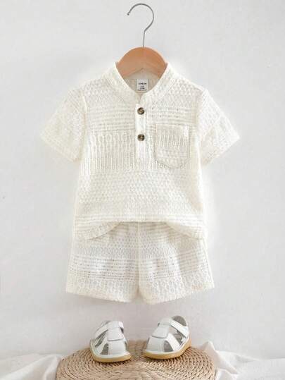 SHEIN Playful Pals Summer Baby Boys Toddlers Knitted Jacquard Stand Collar Half-Open Placket Solid Color Short Sleeve Shorts Set, Suitable For Casual, Comfortable, Vacation, Daily Wear, Summer, 6M-3T
