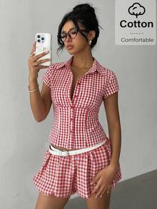 Aloruh 女士优雅通勤休闲纯白色短袖褶裥腰身衬衫，春夏百搭 - 紅色 - 查看 7