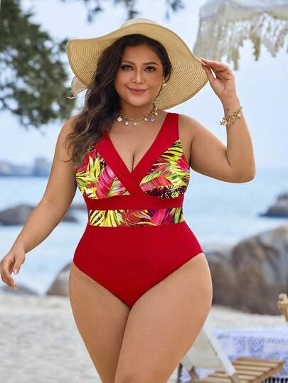 Swim Lushoire Plus Size Vacation Print Color Block One-Piece