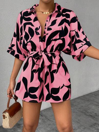 Chiquease Women's Casual All-Over Print Button Half-Zip Short Sleeve Jumpsuit, Summer Women's Romper Casual Romper Vacation Romper Short Romper Print Romper Pink Romper For Women Jumpsuits For Woman Short Romper Jumpsuit Wrap Dress Women Womens Wrap Dress Printed Dresses For Women Pink Wrap Dress