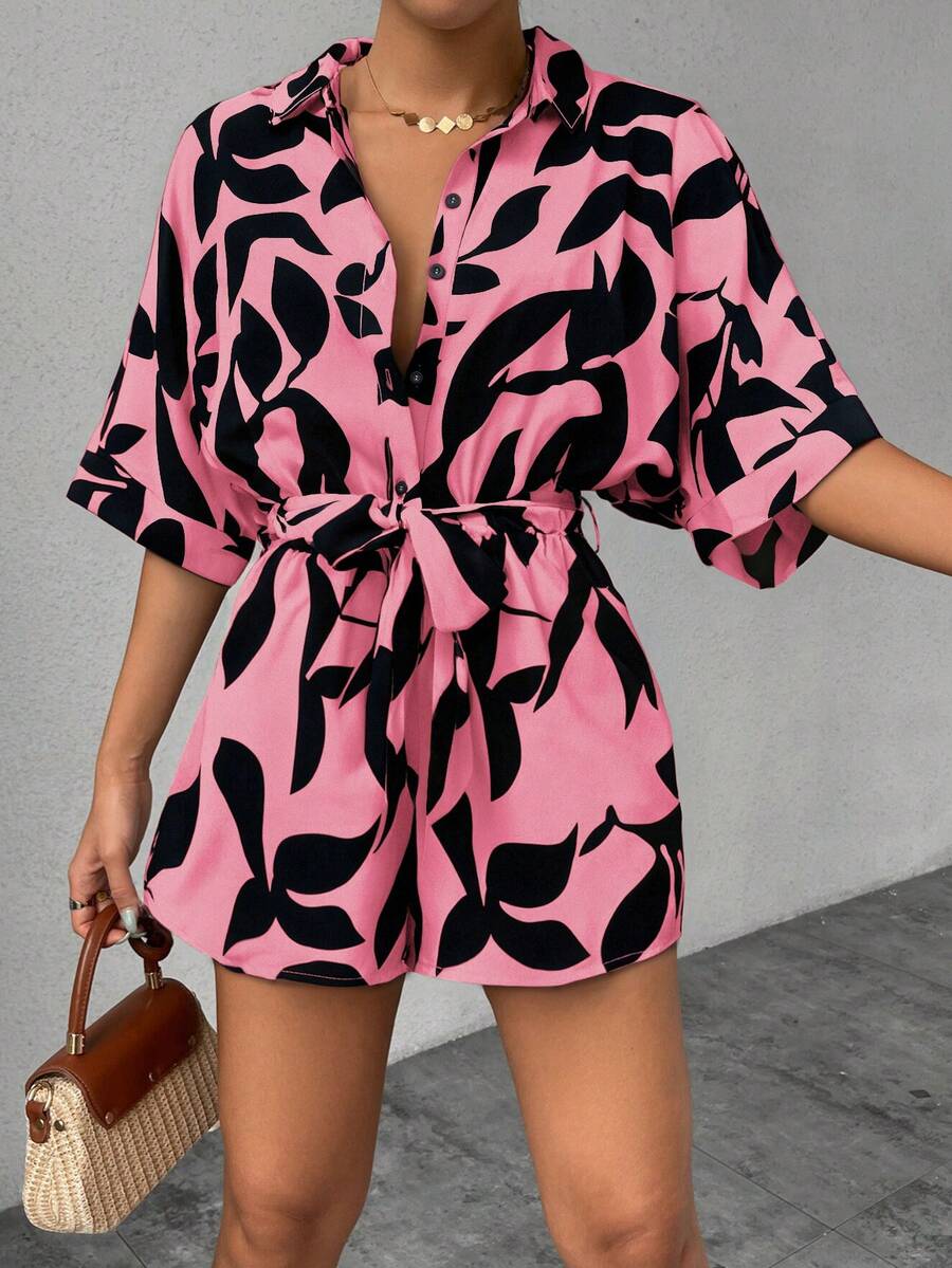 EMERY ROSE Women's Pink Floral Short Sleeve Jumpsuit,Summer Boho Casual Vacation Holiday Romper Button Half-Zip All-Over Print Wrap Dress Style Romper For Women - Multicolor - View 1
