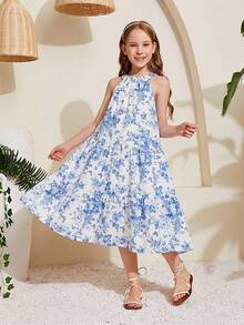 SHEIN 少女碎花无袖宽松休闲度假连衣裙 - 藍色 - 查看 7