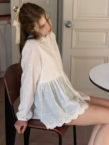 DAZY Teen Girls' Fashion Mesh Embroidered Button Long Sleeve Shirt - White - View 3