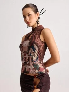 Grunge Punk 复古中国风佛像印花紧身女式背心 - 咖啡棕 - 查看 4