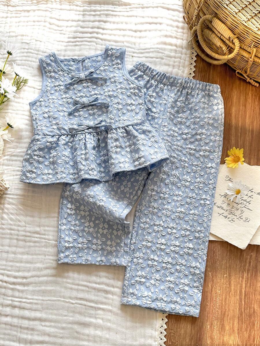 SHEIN 2件套女童夏季休闲蝴蝶结装饰吊带背心和裤子套装 - 藍色 - 查看 1