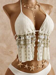 Bellisia Women's Beach Vacation Halter Backless Fringe Tankini - Apricot - View 4