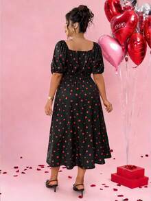 Elenzga Plus Size Sweetheart Neck Multicolor Strawberry Print Long A Line Dress Featuring Puff Short Sleeves And Flared Hem - Multicolor - View 2