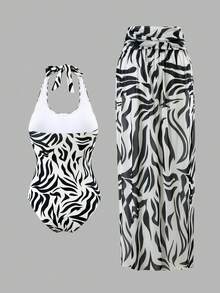 Swim Oasis Bộ áo tắm liền thân cổ yếm họa tiết da báo dành cho nữ, kèm váy che ngoài cùng màu, thích hợp cho kỳ nghỉ. - Đen và trắng - Xem 2