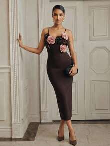 Anewsta Vestido de fiesta de mujer con tirantes finos, ajustado y con efecto vendaje, con estampado floral 3D, disponible en rojo vino, café y marrón - Marrón - Ver 3