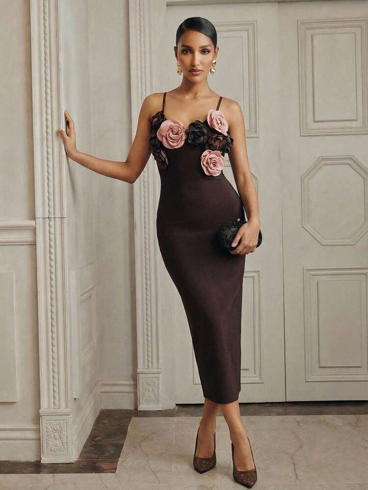 Anewsta 女士新款性感吊带紧身绷带3D立体花卉派对连衣裙，街头风，酒红色、咖啡色、棕色可选 - 棕色 - 查看 3