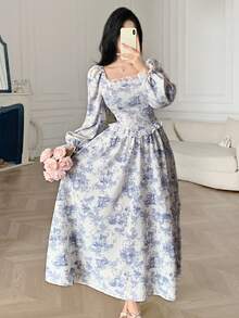 Feyla Đầm nữ thanh lịch in hoa phối ren tay phồng - Xanh và trắng - Xem 7