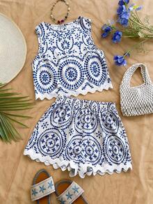 Soleia Conjunto de 2 piezas de top de tirantes estampado y shorts casuales para mujer, de verano - Multicolor - Ver 2