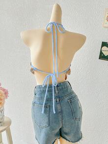Elamini Sexy Versatile Vacation Style Beaded Halter Knit Top - Blue - View 2