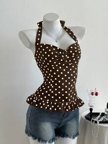 Elamini Áo hai dây cổ yếm xếp ly, có nơ và điểm nhấn là họa tiết chấm bi dễ thương dành cho nữ. - Cà phê nâu - Xem 3