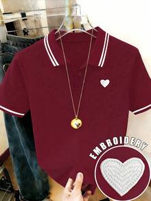 Resyla 1件女士休闲爱心刺绣滚边短袖T恤，夏季图案T恤女式上衣 - 酒紅色 - 查看 1